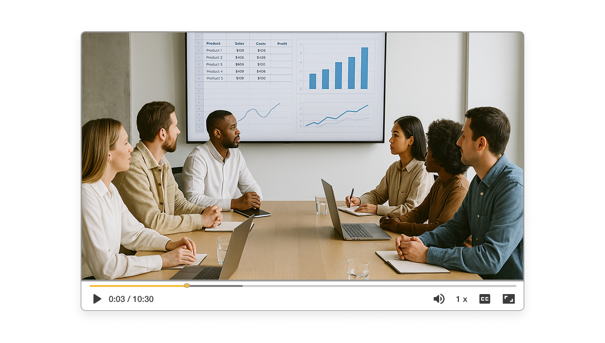 Team watching an industry report explainer video with charts and voiceover during a meeting